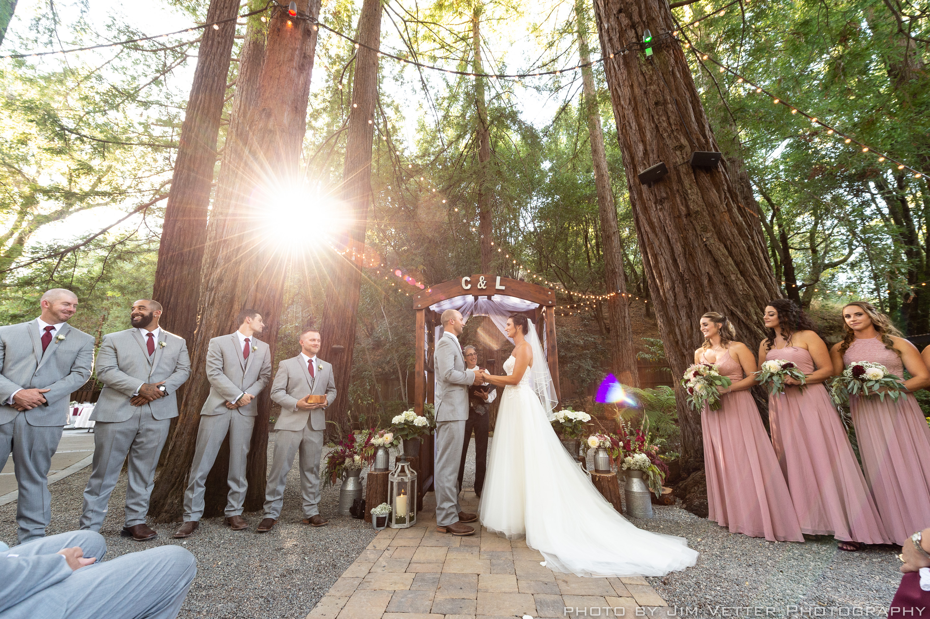 bride and groom exchanging vows under redwoods at deer park villa