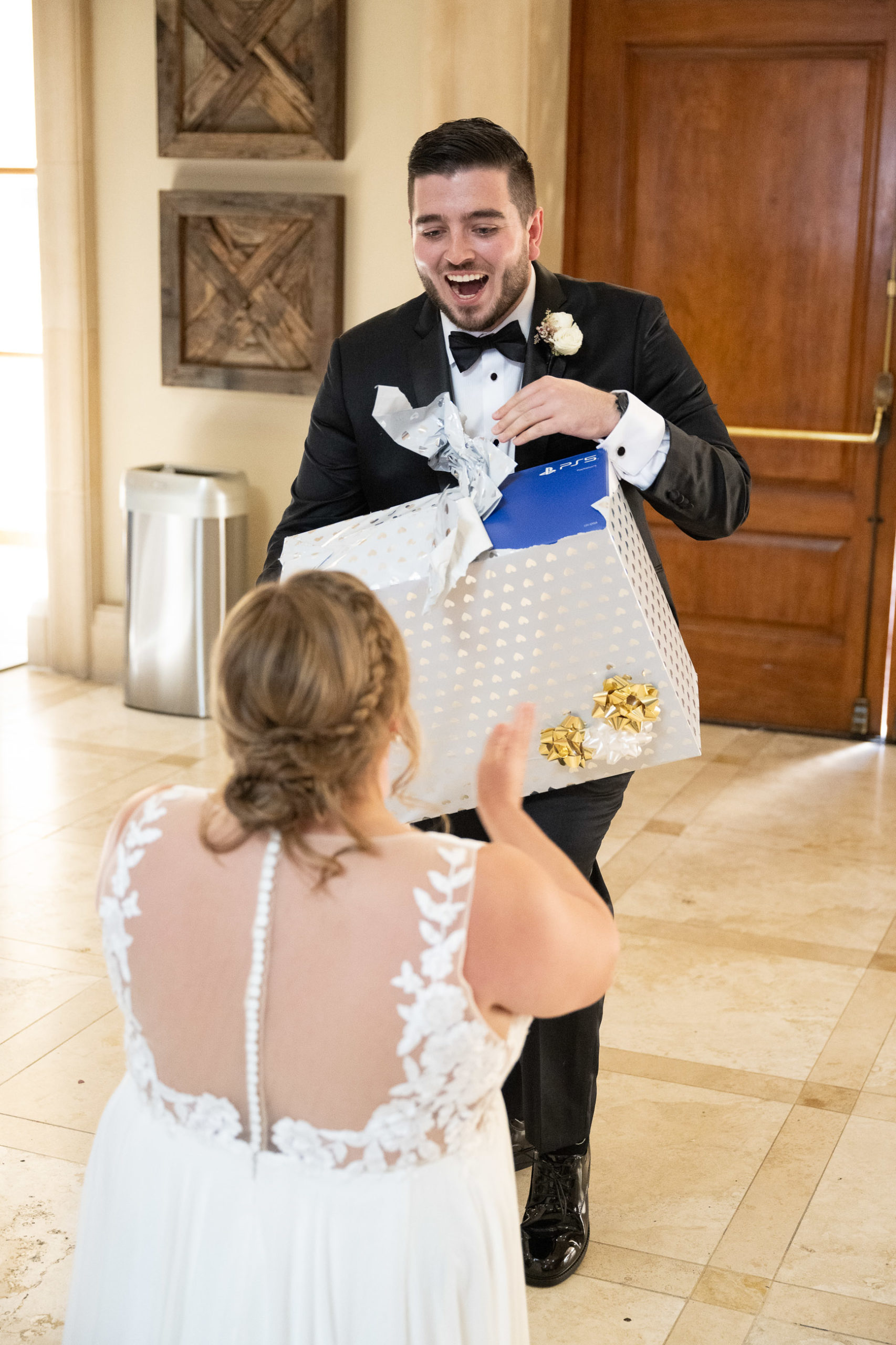 bride giving groom gift