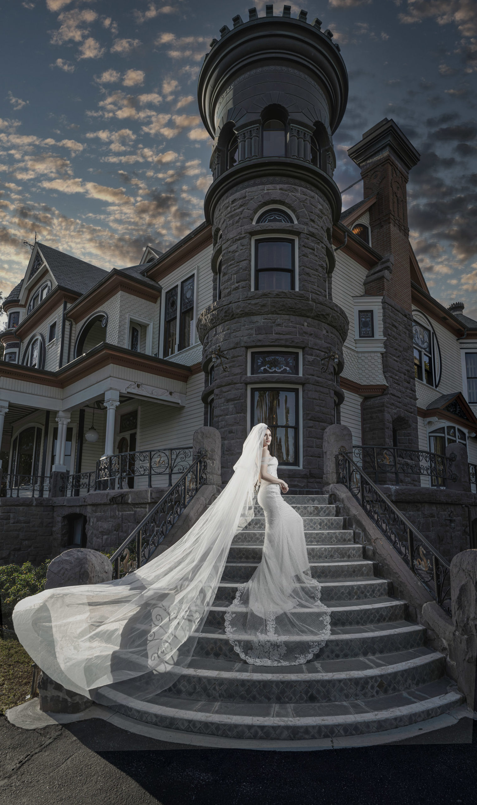 bride at newhall mansion dramatic portrait