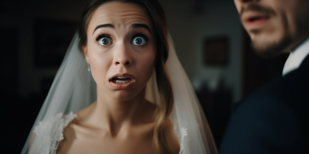 a woman in a wedding dress with a surprised look on her face.