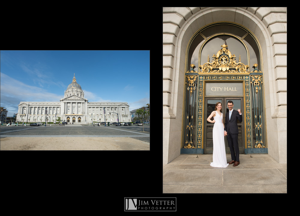 SF City Hall exterior with bride and groom entering under City Hall sign.