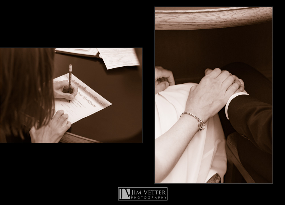 Signing the marriage license and holding hands in City Hall