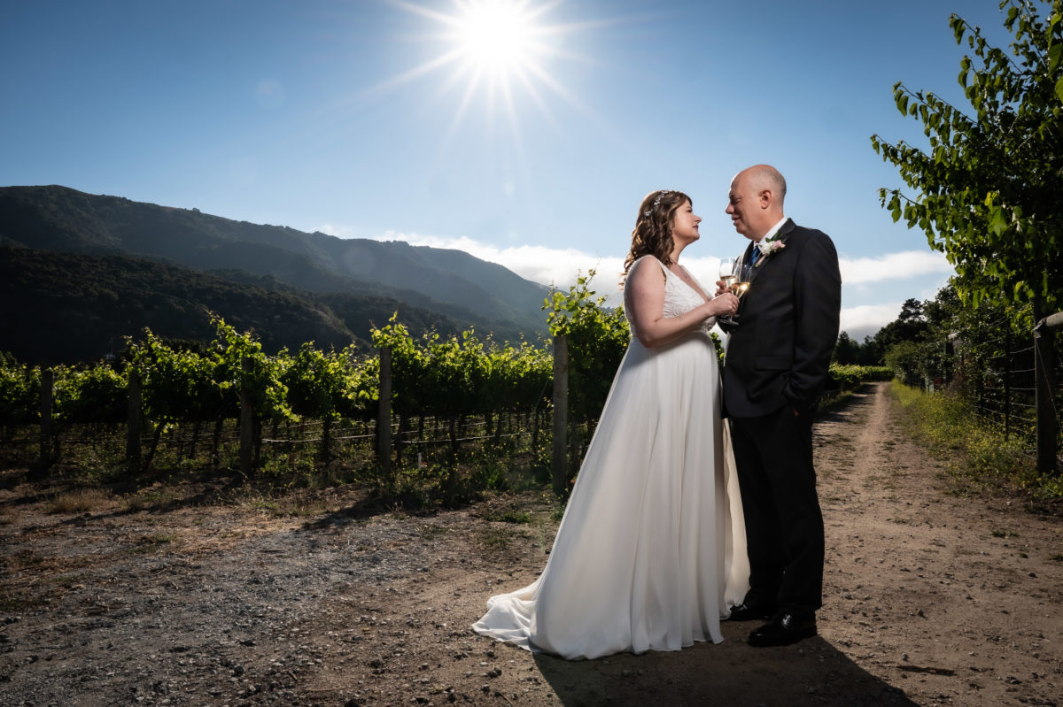 bride and groom in vineyard