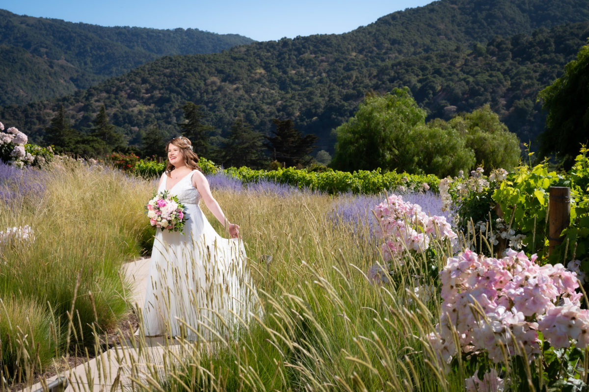 bride and groom in lavender field