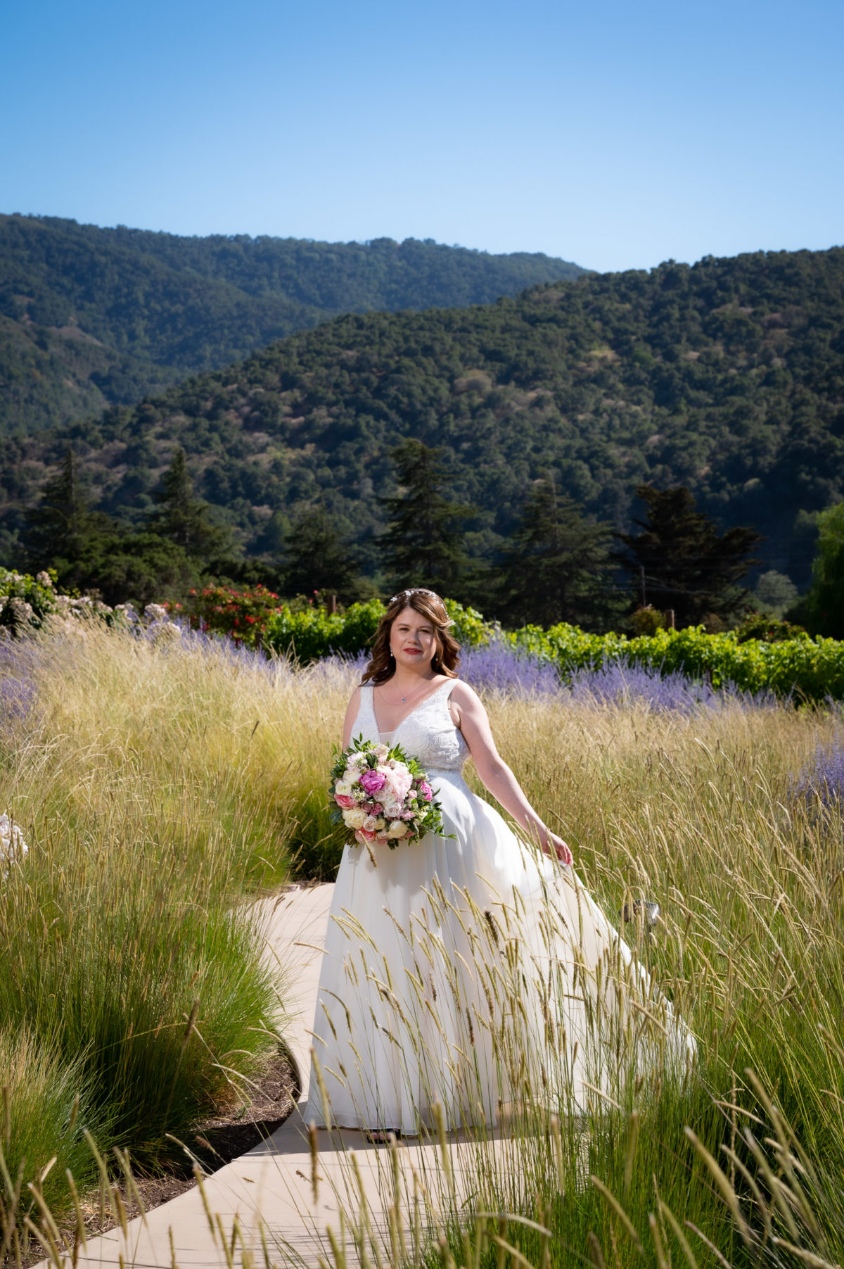 bride and groom in lavender field