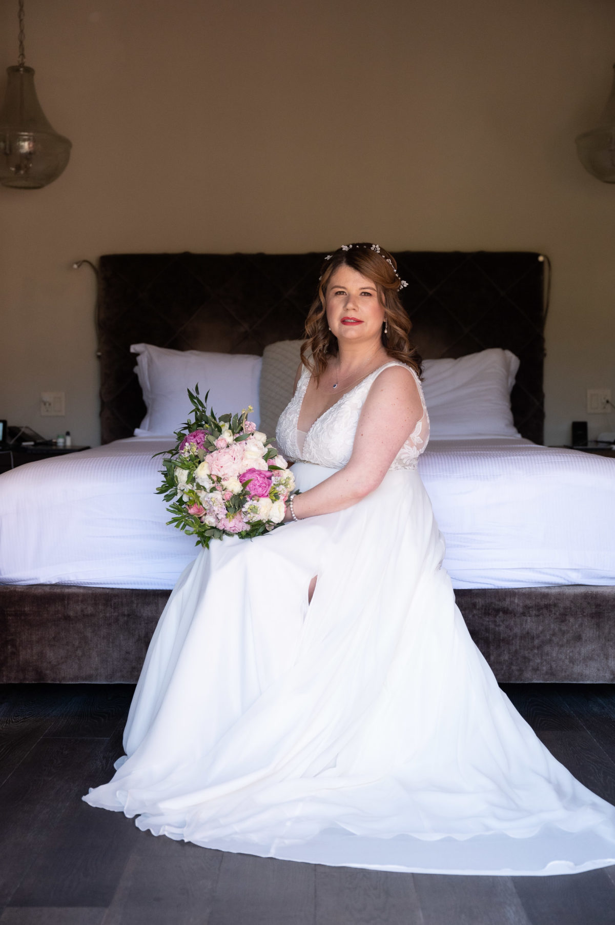 bridal portrait near bed