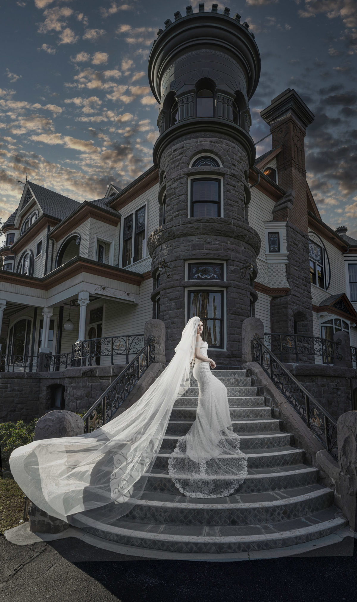 bride at newhall mansion dramatic portrait