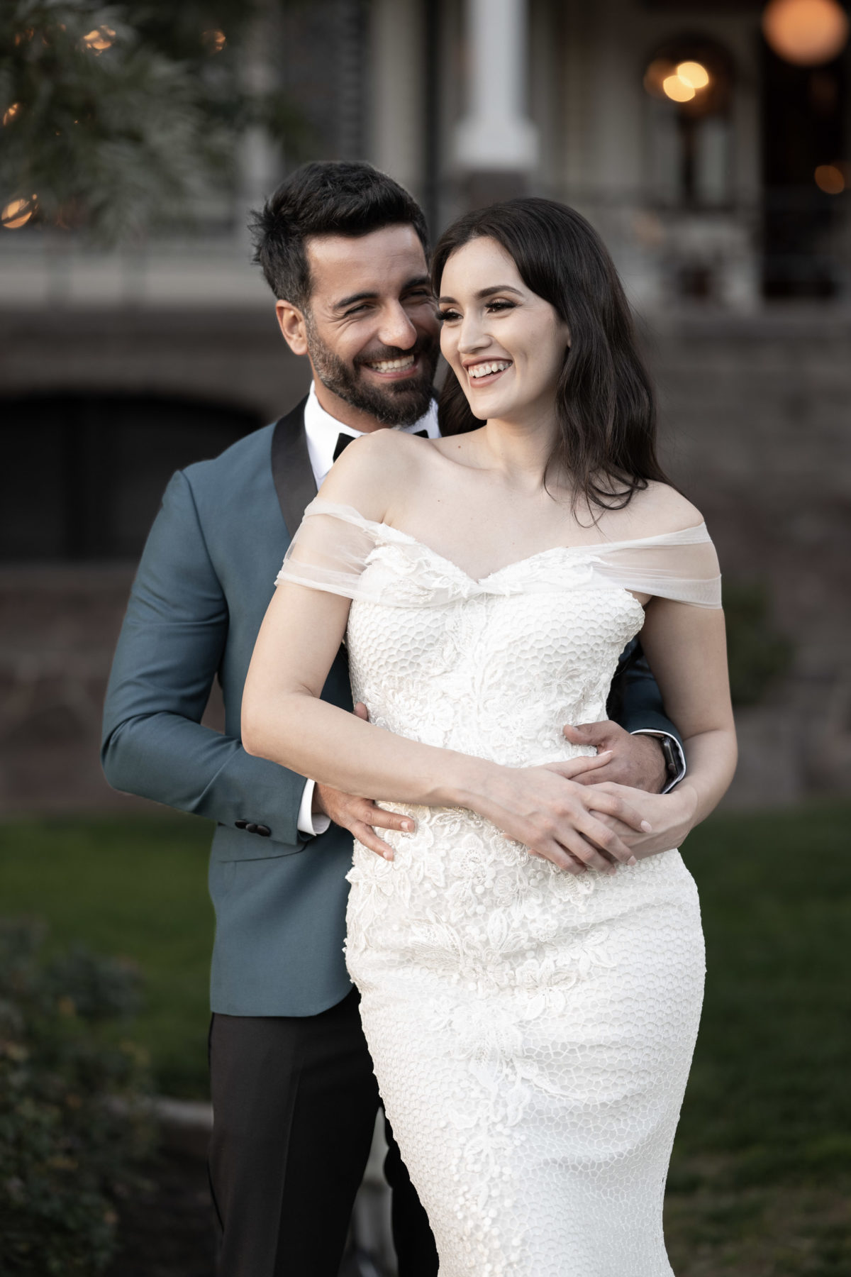 bride and groom smiling candid portrait