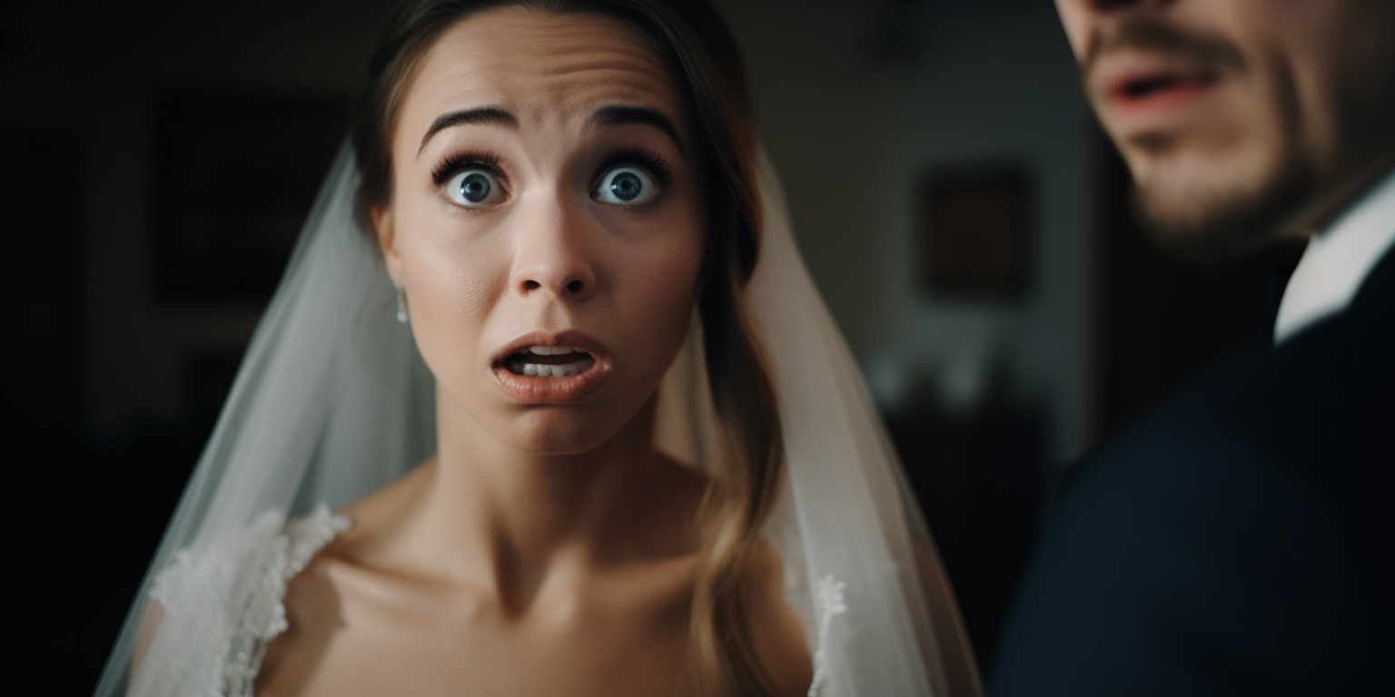 a woman in a wedding dress with a surprised look on her face.