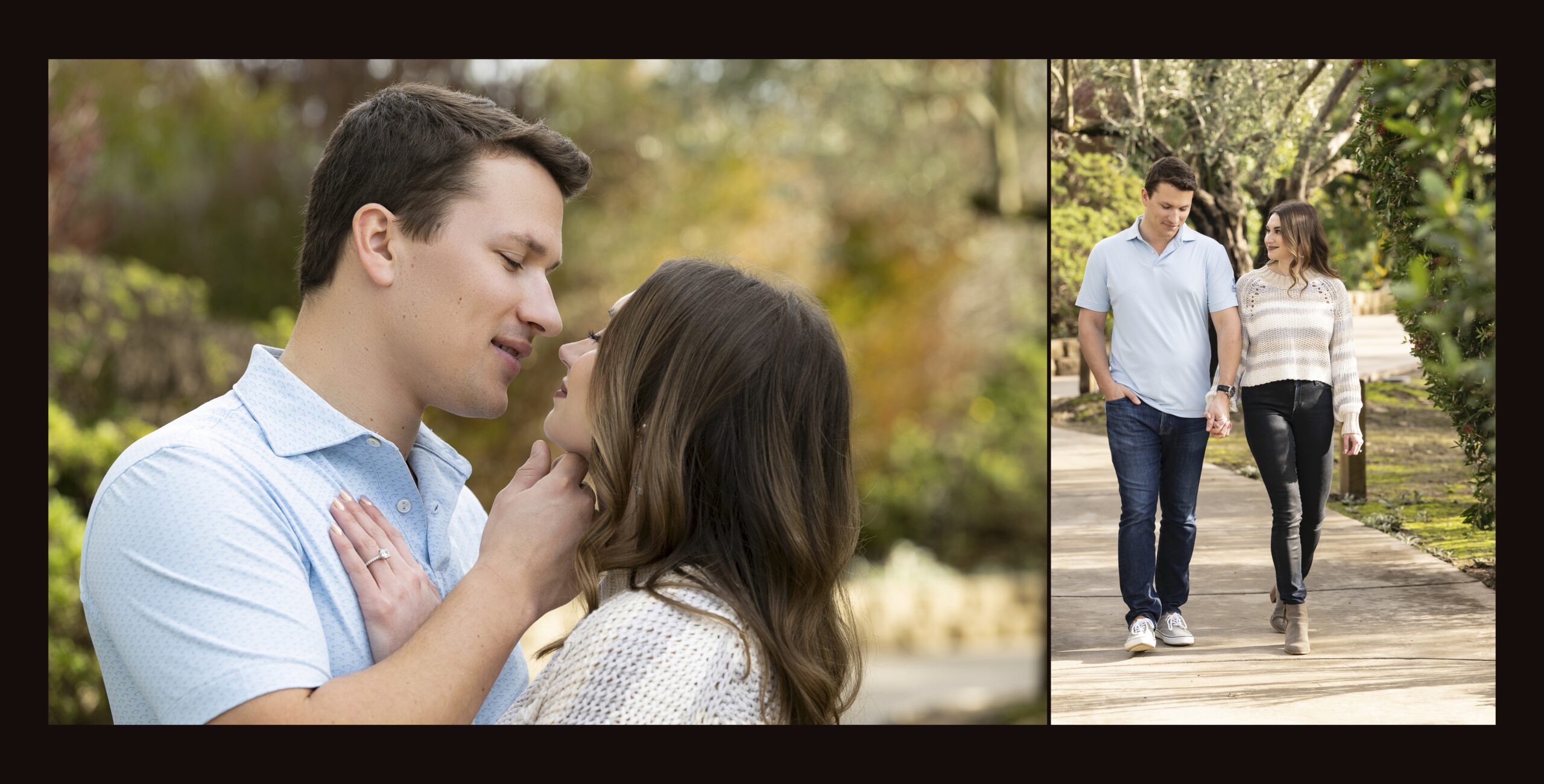 Three pictures of a couple kissing in the park.