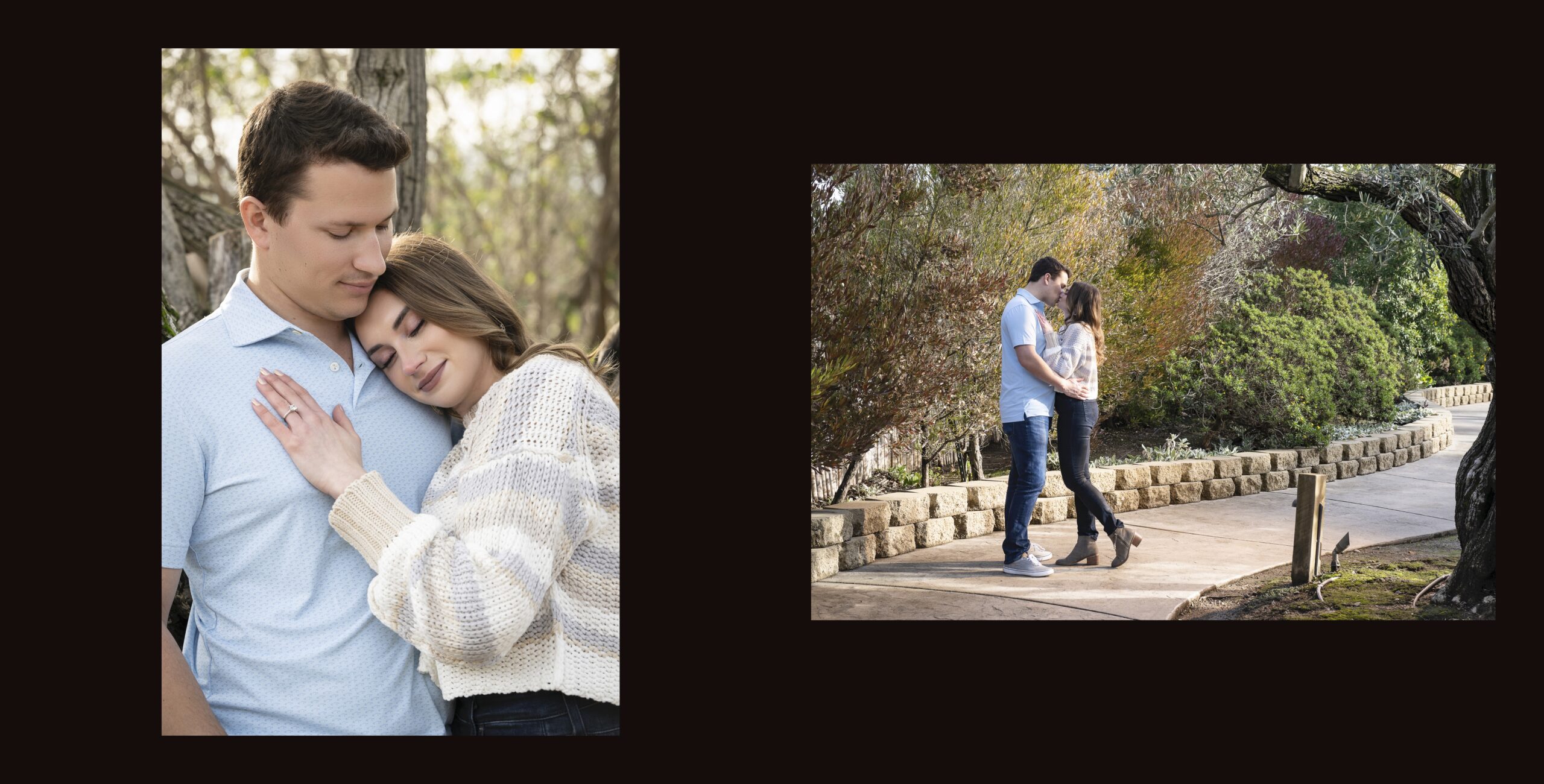 Two pictures of a couple hugging in the park.