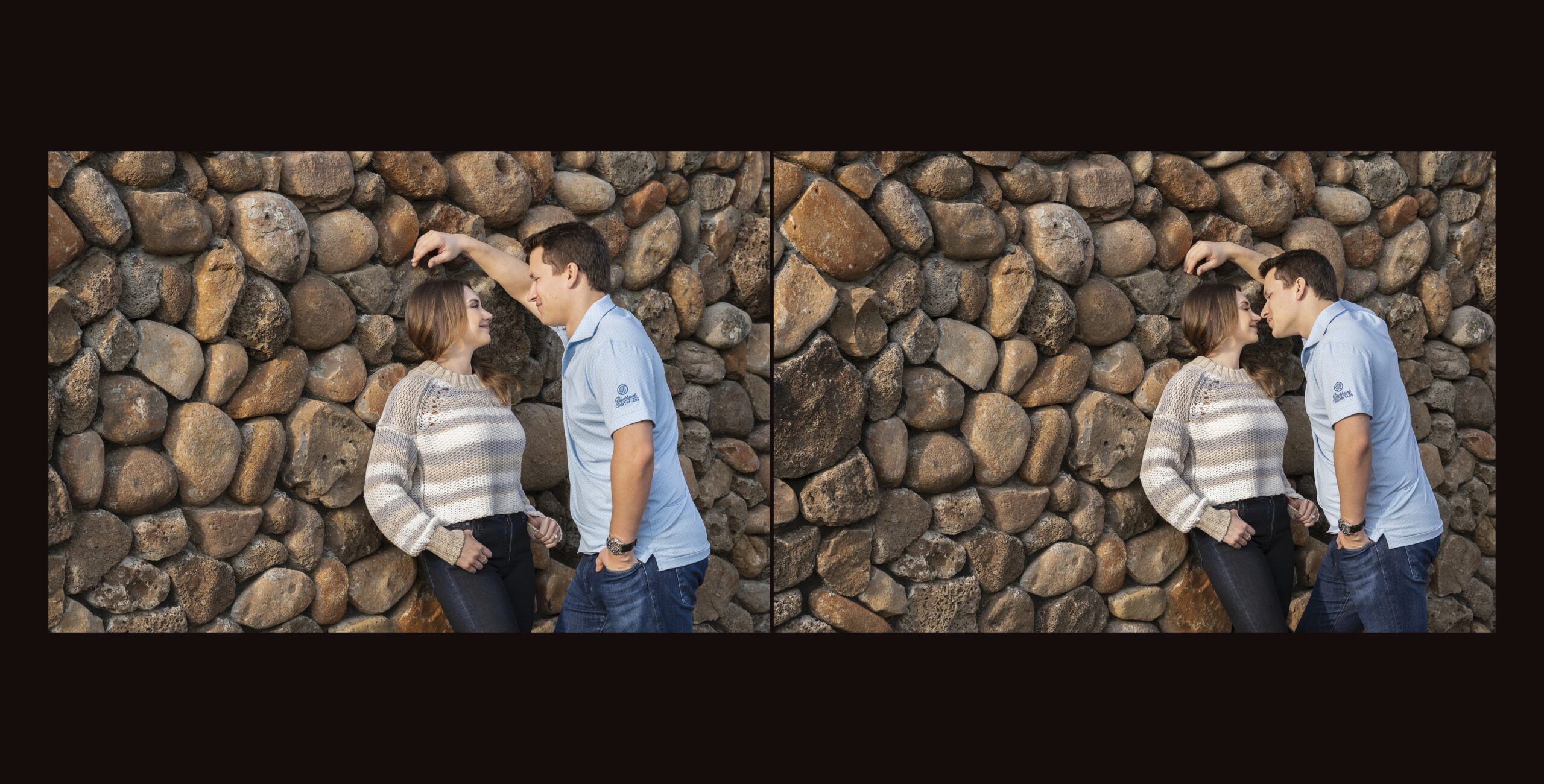 A couple leaning against a stone wall.
