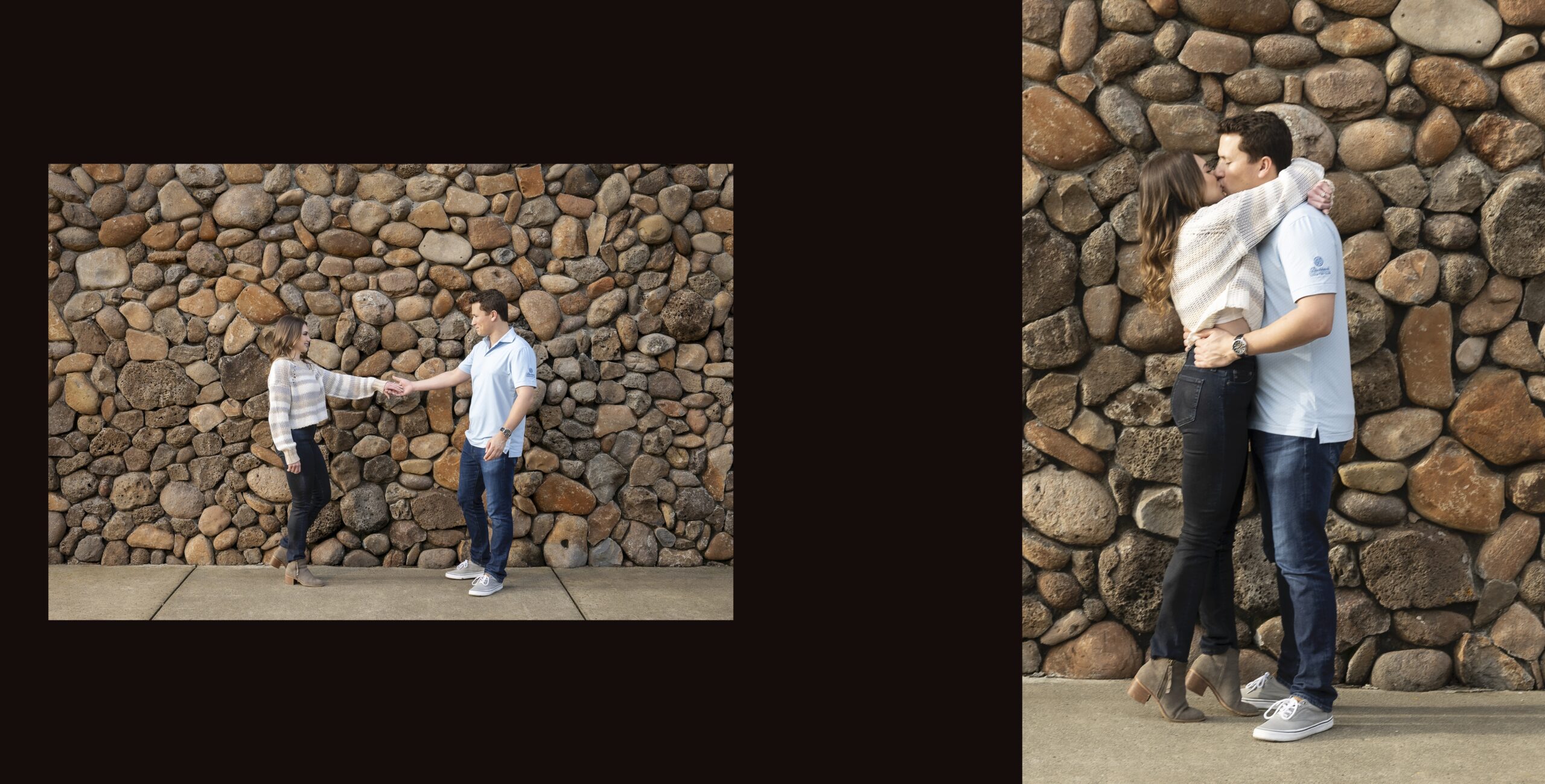 Two pictures of a couple standing in front of a stone wall.