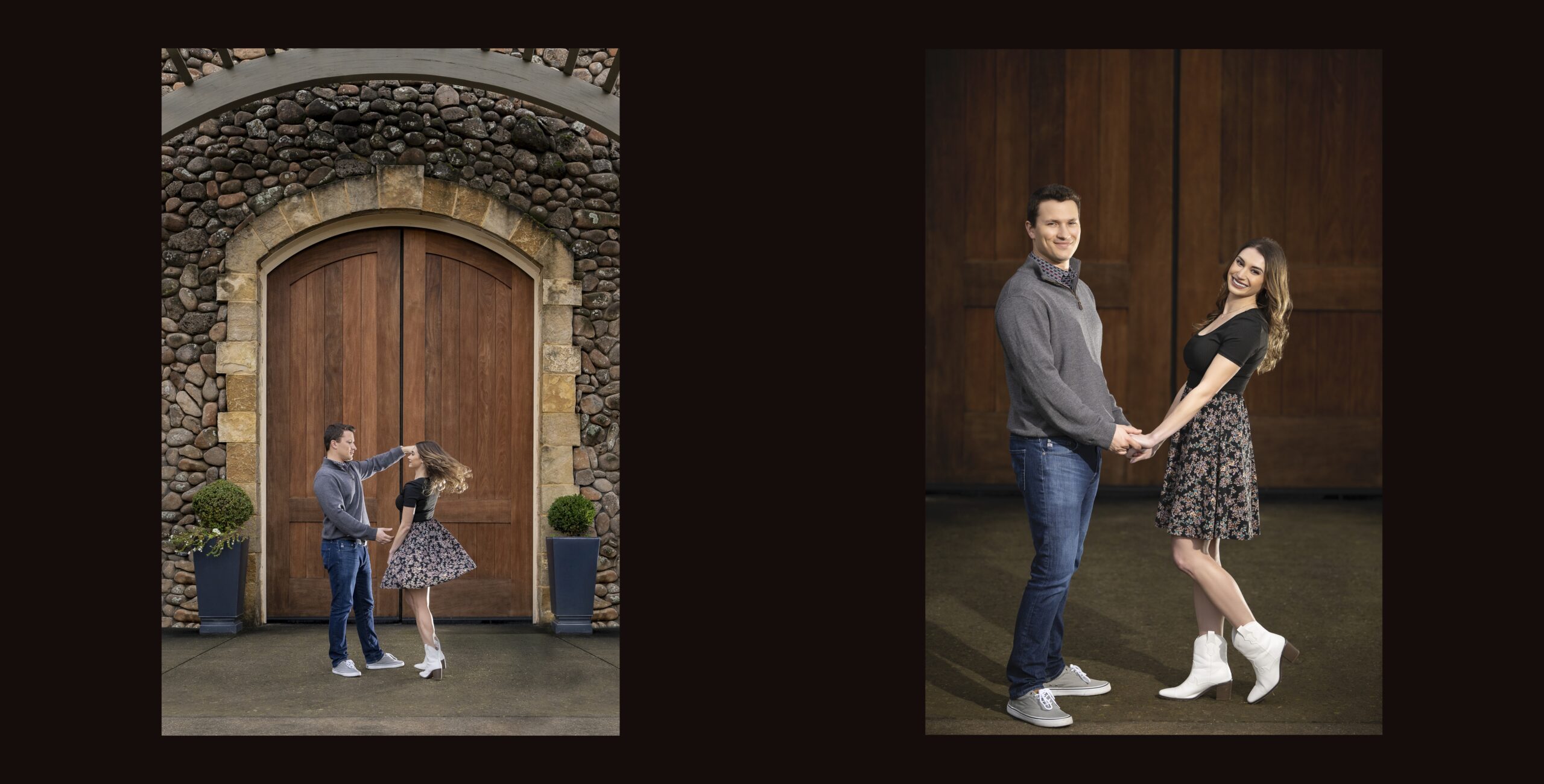 Two pictures of a couple standing in front of a wooden door.