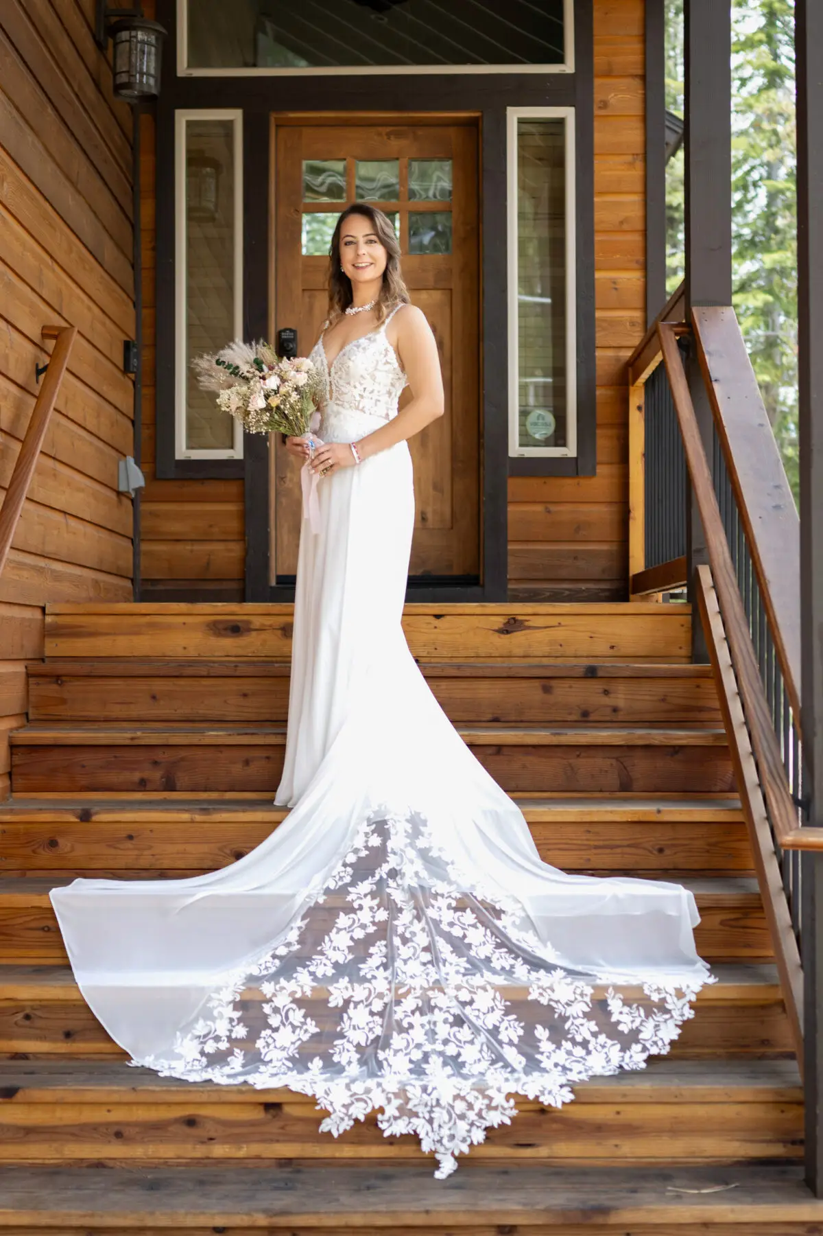 bride portrait on cabin steps