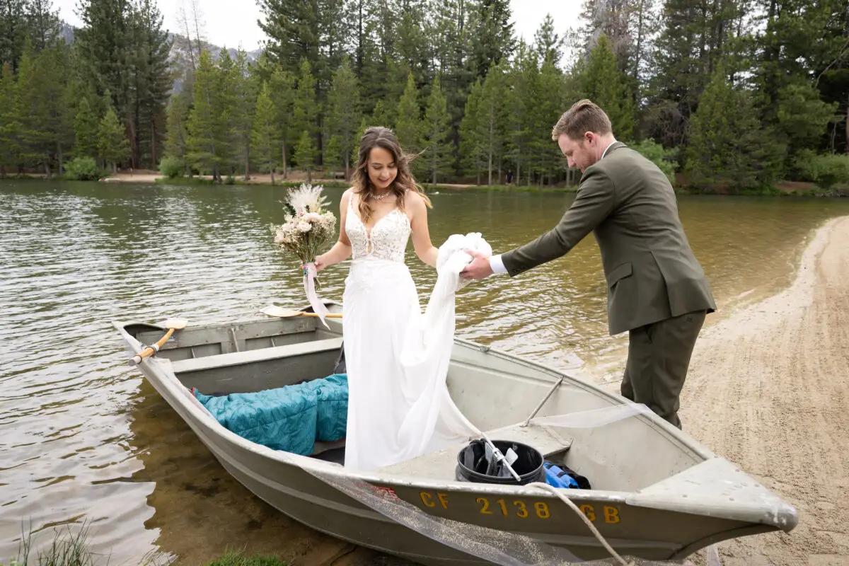 Bride and Groom in rowboat