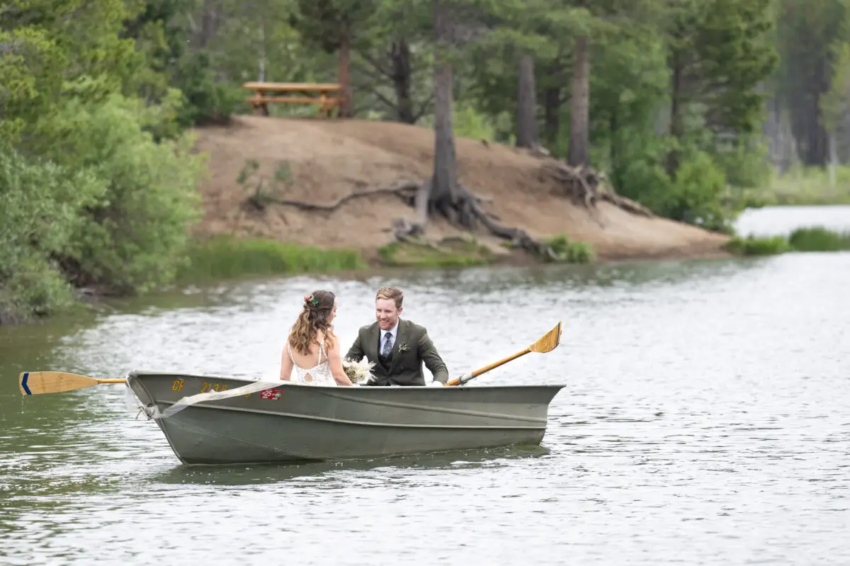 Bride and Groom in rowboat